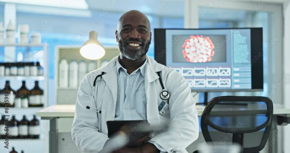 Tablet, black man or face of scientist in laboratory for chemistry research report or test results feedback. Medical analysis tech, mature smile or science update for online medicine development news Tablet, black man or face of scientist in laboratory for chemistry research report or test results feedback. Medical analysis tech, mature smile or science update for online medicine development news