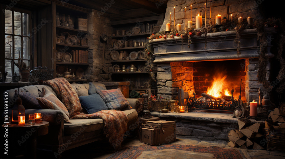 Christmas interior decorations with chimney with fire, Christmas tree and gift boxes Christmas interior decorations with chimney with fire, Christmas tree and gift boxes