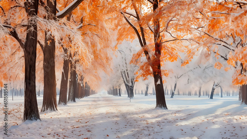 First snowfall in a bright colorful city park in autumn. First snow in late autumn - weather forecast