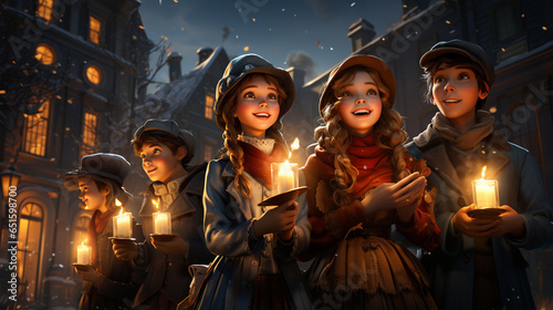 children's singing Christmas carols on the night with holding candles photo
