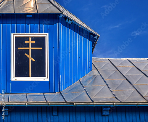 General view and architectural details of the Orthodox Cemetery Church of St. Elijah built in the second half of the 20th century in the town of Hryniewicze Duze in Podlasie, Poland.