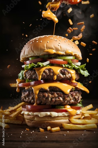 Delicious burger with french fries flying around, Beeg burger in the table isolated with black background, big portion of junk food with melted cheese high calories.