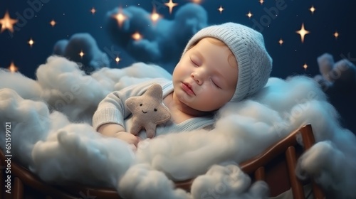 a boy baby kid child sleep at night  on cloud with stars lullaby concept relax photo