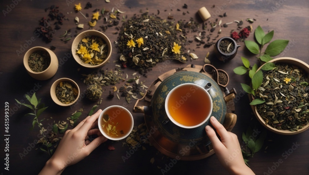 Tea brewing process, tea ceremony, cup and teapot of freshly brewed herbal natural tea flat lay. - obrazy, fototapety, plakaty 