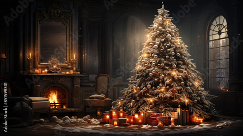 Christmas interior living room with chimney wallpaper