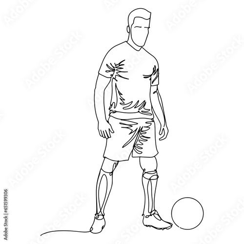 A vector illustration drawing showing the moment when a football player plays with a football ball. Continuous line drawn illustration. on isolated white background.