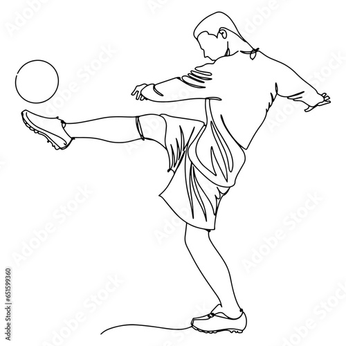 A vector illustration drawing showing the moment when a football player plays with a football ball. Continuous line drawn illustration. on isolated white background.