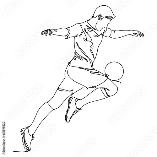 A vector illustration drawing showing the moment when a football player plays with a football ball. Continuous line drawn illustration. on isolated white background.