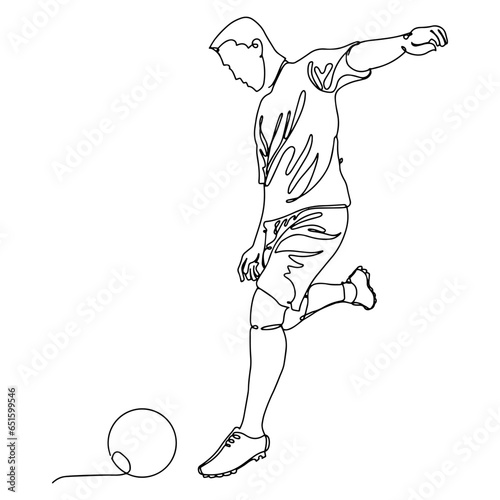 A vector illustration drawing showing the moment when a football player plays with a football ball. Continuous line drawn illustration. on isolated white background.