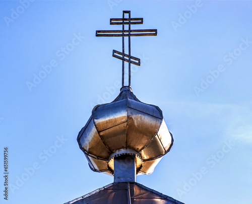 General view and architectural details of the Orthodox Cemetery Church of St. Elijah built in the second half of the 20th century in the town of Hryniewicze Duze in Podlasie, Poland.