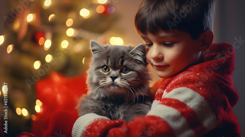 boy with santa hat hugging a cat, friendship and love concept at christmas