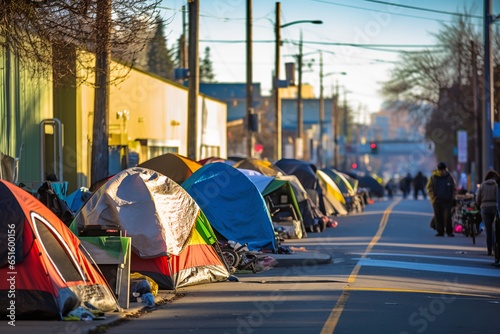 Tents of homeless individuals pitched on the sidewalk