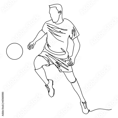 A vector illustration drawing showing the moment when a football player plays with a football ball. Continuous line drawn illustration. on isolated white background.