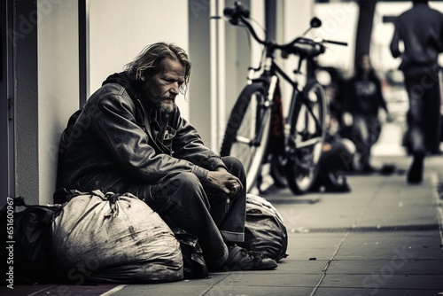 a homeless man sitting next to the sidewalk in winter with a bag