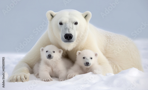 Portrait of mother polar bear with her cute cubs in snow