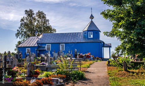 General view and architectural details of the Orthodox Cemetery Church of St. Elijah built in the second half of the 20th century in the town of Hryniewicze Duze in Podlasie, Poland.