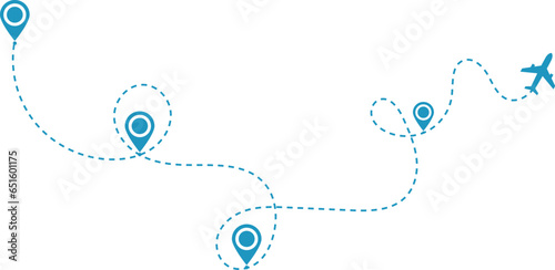 Airplane path in a dotted line shape. pin map marker pointer sign. Airplane line path travel icon. Aircraft tracking, planes travel dot line design. location pins isolated on white background