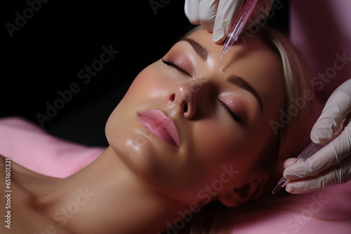 The doctor cosmetologist makes the Rejuvenating facial injections procedure for tightening and smoothing wrinkles on the face skin of a beautiful, young woman in a beauty salon.Cosmetology skin care photo
