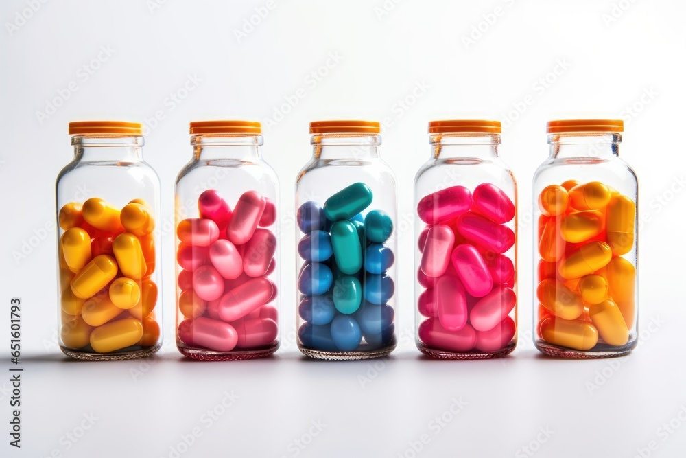 Colorful capsules in glass bottles set on white background, medicine health concept 