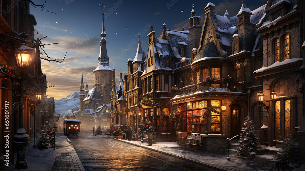 Fototapeta premium Christmas houses decorations, snowy background
