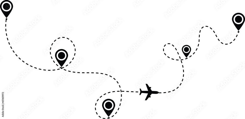 Airplane path in a dotted line shape. Moving office sign. Map, Home, route, GPS distance, roadmap, Airplane line routes set. Aircraft tracking. location pins isolated on white background