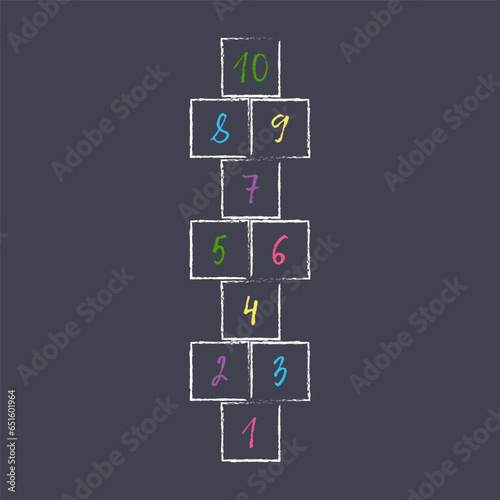 llustration with hopscotch game. Drawn in colored chalk. Flat vector illustration isolated on white background. Child Game