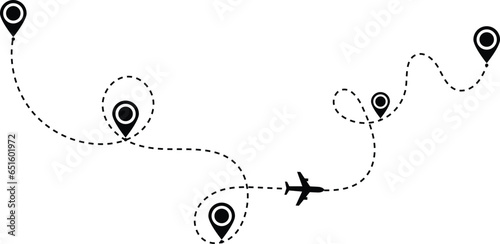 Airplane path in a dotted line shape. pin map marker pointer sign. Airplane line path travel icon. Aircraft tracking, planes travel dot line design