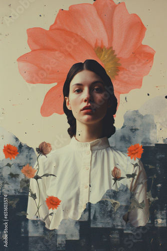 collage/book cover of a young woman silenced/hidden behind paper scraps for feminism, discrimination, protest, womens rights, empowerment, fragmented and textured, film style