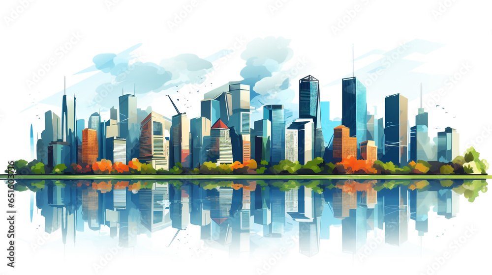 A graphic image of a city skyline where there are many skyscrapers. Buildings of various shapes and heights build a metropolitan city.