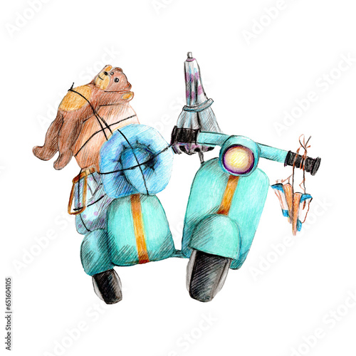 watercolor illustration cheerful blue motorcycle with a stroller and with things a bag,a blanket,an umbrella,a toy bear and sandals.for labels,stickers or emblems