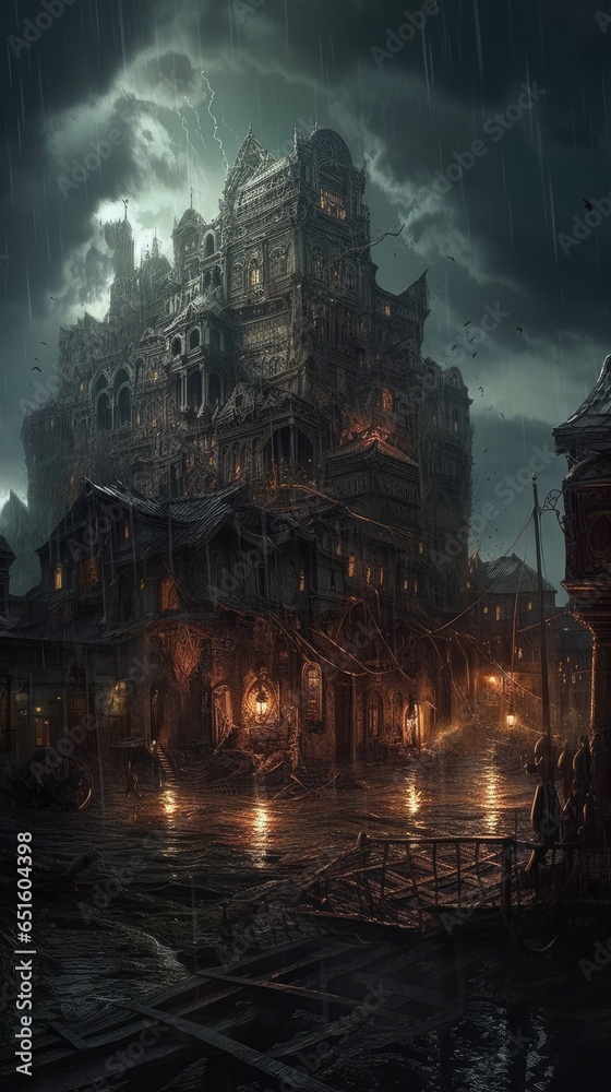 ancient city tomb castle game tattoo epic dark fantasy illustration art scary poster oil painting