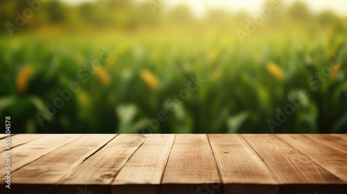 empty wooden table with green field background, in farming display product photo