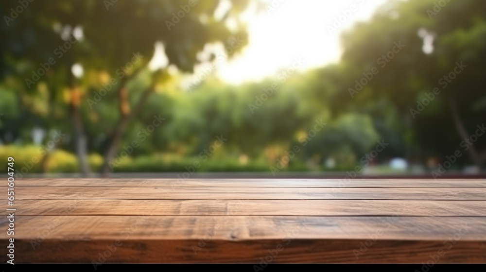 empty wooden table for display with green park background empty wooden table for display with green park background