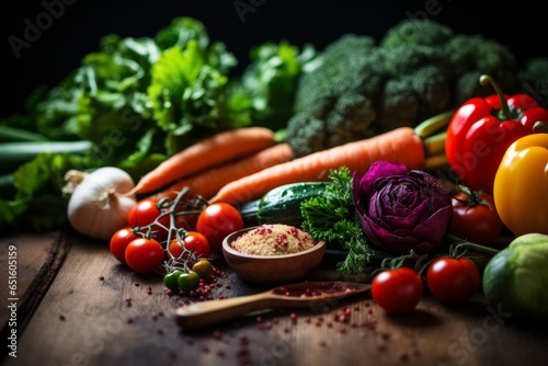 Assorted Vegetables with Wooden Spoon on Rustic Table. Colourful vegetables and herbs on an aged wooden surface with kitchen utensils.