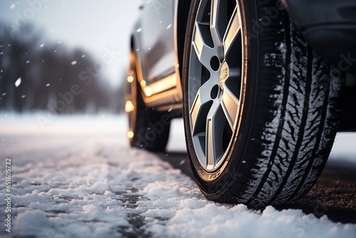 Winter tire. Detail of car tires in winter on the road covered with snow