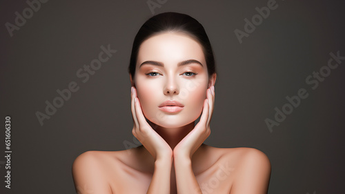 Beauty woman with neat hair and healthy skin looks at the camera and touches her face with her hands. natural makeup of beautiful model on a dark studio background with copy space. cosmetic concept