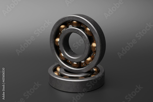 3D illustration set of roller bearing on gray background isolated. Metal autotechnology background. Part of the car