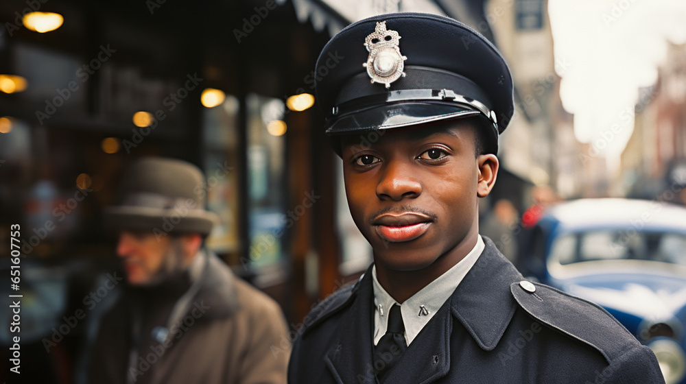 Confident and strong London policeman exuding authority, poise and self-assurance in his uniform, visibly marked by helmet and expressive face. Confident and strong London policeman exuding authority, poise and self-assurance in his uniform, visibly marked by helmet and expressive face.