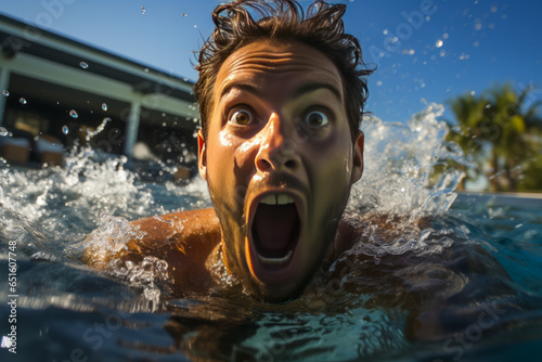 Stunning shocked swimmer  mouth wide open in surprise and disbelief  expresses a spectrum of emotions from astonishment to dismay.