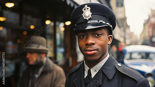 Confident and strong London policeman exuding authority, poise and self-assurance in his uniform, visibly marked by helmet and expressive face. photo