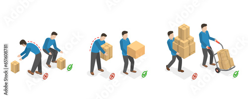 3D Isometric Flat Conceptual Illustration of How To Carry Heavy Goods, Safe and Incorrect Weights Lifting