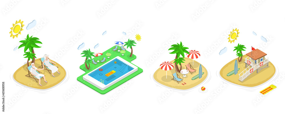 3D Isometric Flat  Set of Summer Beach Set, Tropical Islands and Swimming Pool