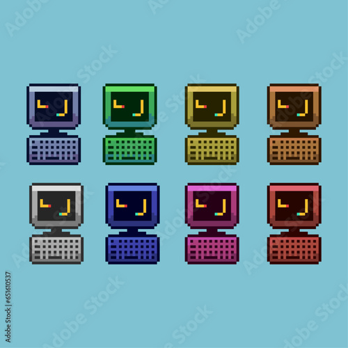 Pixel art sets of computer with variation color item asset simple bits of computer on pixelated style 8bits perfect for game asset or design asset element for your game design asset