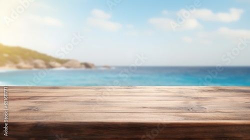 empty wooden table for display with blue sea water background