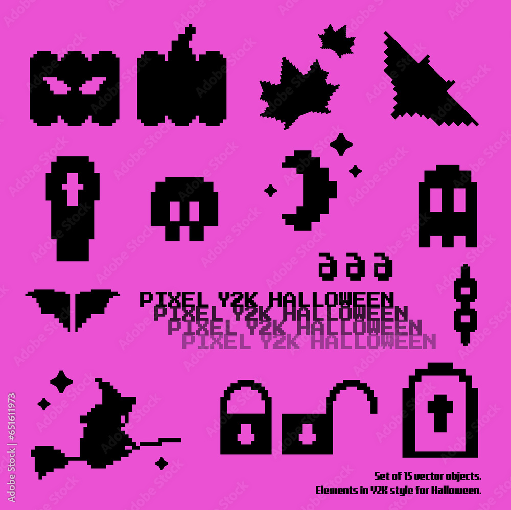 Set of vector pixel elements on pink background in Y2K style. Halloween illustration for web use.