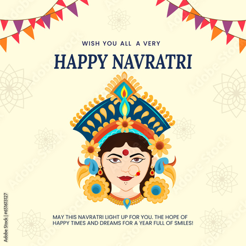 Happy navratri celebration background with face of goddess durga social media post and banner vector illustration
