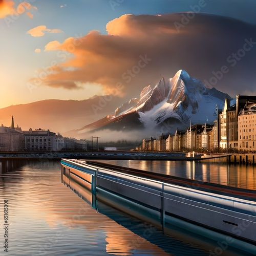 sunrise over the lake city and moutains © Anns