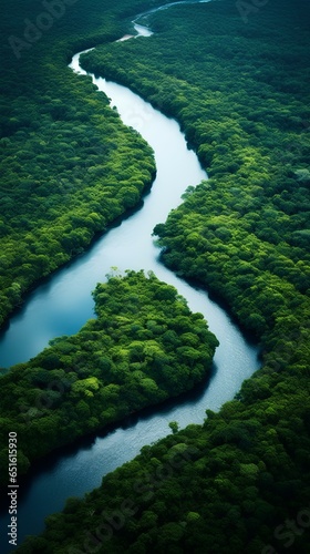 Top-down view of dark, serpentine rivers winding through a luminous rainforest canopy. generative AI