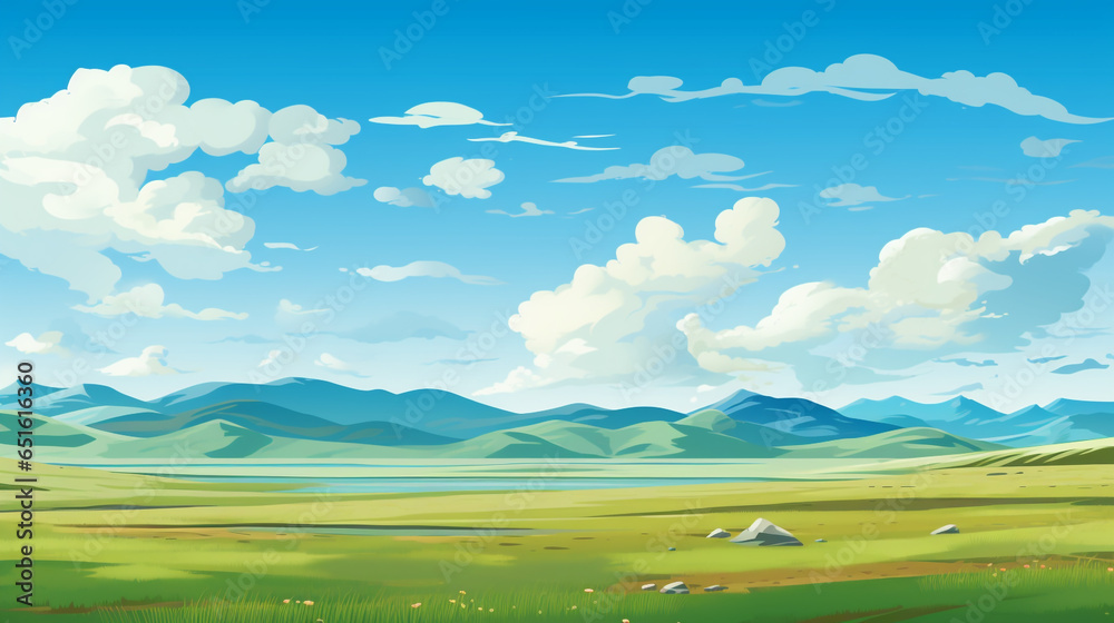 An illustration of the verdant steppe grasslands of Mongolia. The atmosphere of the terrain is wide and fertile.