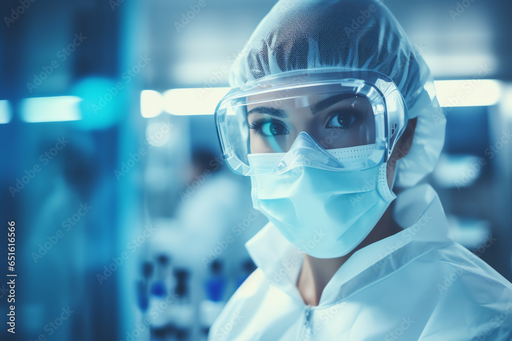 Medical research laboratory, portrait of female scientist wearing face mask looking at camera Medical research laboratory, portrait of female scientist wearing face mask looking at camera
